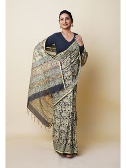 Unnati Silks - Black Pure Discharge Bagru Printed Pashmina Sico Saree with Unstitched Blouse