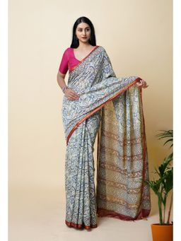 Unnati Silks - Blue Pure Discharge Bagru Printed Pashmina Sico Saree with Unstitched Blouse