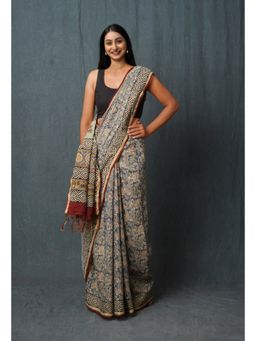 Unnati Silks - Blue Pure Discharge Bagru Printed Pashmina Sico Saree with Unstitched Blouse
