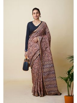 Unnati Silks - Brown Pure Discharge Bagru Printed Pashmina Sico Saree with Unstitched Blouse