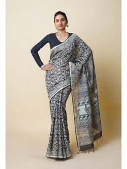 Unnati Silks - Black Pure Discharge Bagru Printed Pashmina Sico Saree with Unstitched Blouse