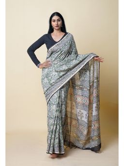 Unnati Silks - Green Pure Discharge Bagru Printed Pashmina Sico Saree with Unstitched Blouse