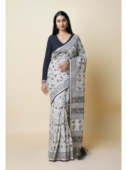 Unnati Silks - Ivory Pure Discharge Bagru Printed Pashmina Sico Saree with Unstitched Blouse