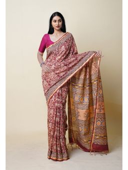 Unnati Silks - Maroon Pure Discharge Bagru Printed Pashmina Sico Saree with Unstitched Blouse