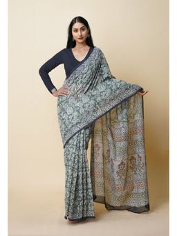 Unnati Silks - Green Pure Discharge Bagru Printed Kota Saree with Unstitched Blouse