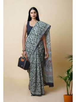 Unnati Silks - Green Pure Discharge Bagru Printed Kota Saree with Unstitched Blouse