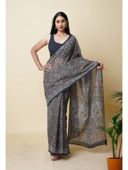 Unnati Silks - Grey Pure Discharge Bagru Printed Kota Saree with Unstitched Blouse