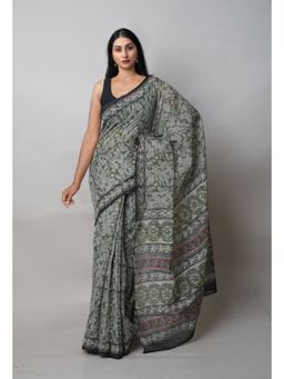 Unnati Silks - Green Pure Discharge Bagru Printed Kota Saree with Unstitched Blouse