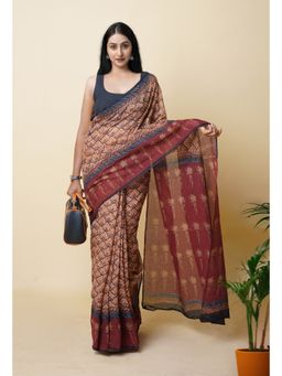Unnati Silks - Rust Pure Discharge Bagru Printed Kota Saree with Unstitched Blouse