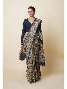 Unnati Silks - Black Pure Discharge Bagru Printed Kota Saree with Unstitched Blouse