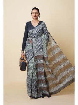 Unnati Silks - Charcoal Pure Discharge Bagru Printed Kota Saree with Unstitched Blouse