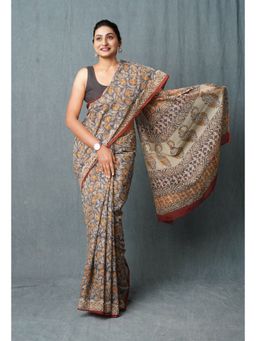 Unnati Silks - Blue Pure Discharge Bagru Printed Kota Saree with Unstitched Blouse