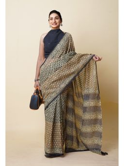 Unnati Silks - Brown Pure Discharge Bagru Printed Kota Saree with Unstitched Blouse