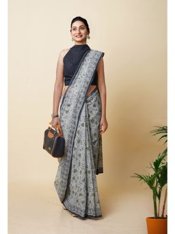 Unnati Silks - Grey Pure Discharge Bagru Printed Kota Saree with Unstitched Blouse