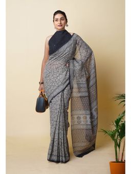 Unnati Silks - Grey Pure Discharge Bagru Printed Kota Saree with Unstitched Blouse
