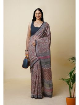 Unnati Silks - Brown Pure Bagru Printed Kota Saree with Unstitched Blouse