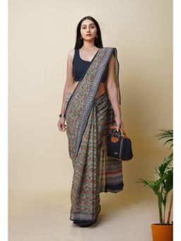 Unnati Silks - Green Pure Bagru Printed Kota Saree with Unstitched Blouse