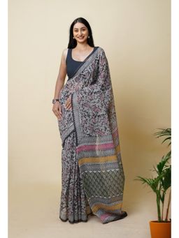 Unnati Silks - Black Pure Bagru Printed Kota Saree with Unstitched Blouse