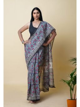 Unnati Silks - Blue Pure Bagru Printed Kota Saree with Unstitched Blouse