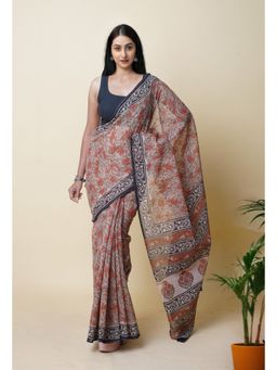 Unnati Silks - Brown Pure Bagru Printed Kota Saree with Unstitched Blouse