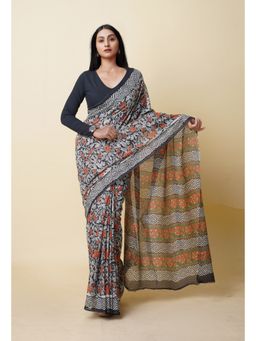 Unnati Silks - Black Pure Bagru Printed Kota Saree with Unstitched Blouse