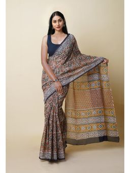 Unnati Silks - Brown Pure Bagru Printed Kota Saree with Unstitched Blouse