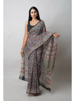 Unnati Silks - Blue Pure Bagru Printed Kota Saree with Unstitched Blouse