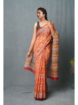 Unnati Silks - Red Pure Bagru Printed Kota Saree with Unstitched Blouse