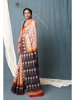 Unnati Silks - Cream Pure Traditional Bagru Printed Kota Saree with Unstitched Blouse
