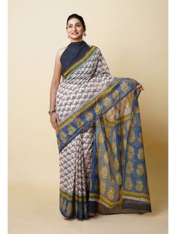 Unnati Silks - Cream Pure Traditional Bagru Printed Kota Saree with Unstitched Blouse