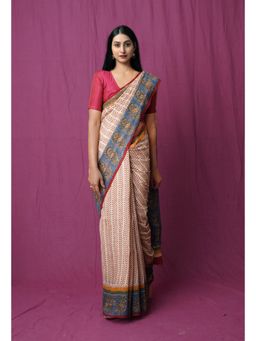Unnati Silks - Cream Pure Traditional Bagru Printed Kota Saree with Unstitched Blouse