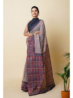 Unnati Silks - Cream Pure Traditional Bagru Printed Kota Saree with Unstitched Blouse