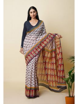 Unnati Silks - Maroon Pure Traditional Bagru Printed Kota Saree with Unstitched Blouse