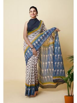 Unnati Silks - Blue Pure Traditional Bagru Printed Kota Saree with Unstitched Blouse