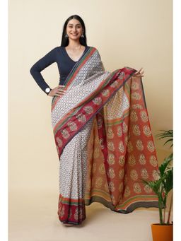 Unnati Silks - Maroon Pure Traditional Bagru Printed Kota Saree with Unstitched Blouse
