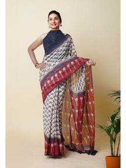 Unnati Silks - Maroon Pure Traditional Bagru Printed Kota Saree with Unstitched Blouse