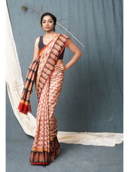 Unnati Silks - Black Pure Traditional Bagru Printed Kota Saree with Unstitched Blouse