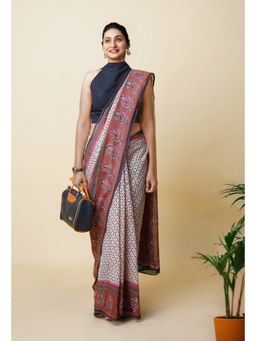 Unnati Silks - Brown Pure Traditional Bagru Printed Kota Saree with Unstitched Blouse