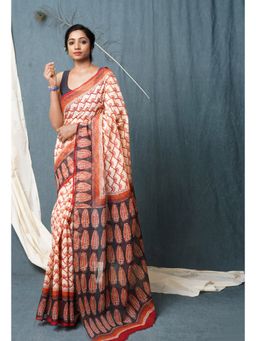 Unnati Silks - Maroon Pure Traditional Bagru Printed Kota Saree with Unstitched Blouse