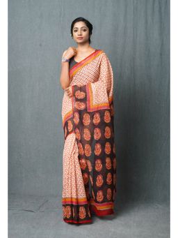 Unnati Silks - Red Pure Traditional Bagru Printed Kota Saree with Unstitched Blouse