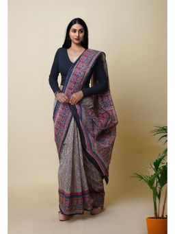Unnati Silks - Black Pure Traditional Bagru Printed Kota Saree with Unstitched Blouse