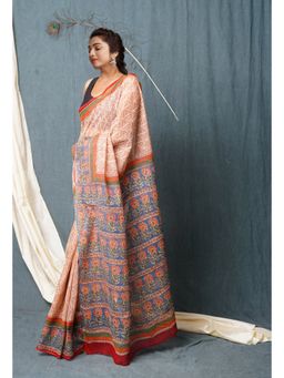 Unnati Silks - Cream Pure Traditional Bagru Printed Kota Saree with Unstitched Blouse