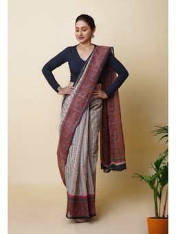 Unnati Silks - Cream Pure Traditional Bagru Printed Kota Saree with Unstitched Blouse