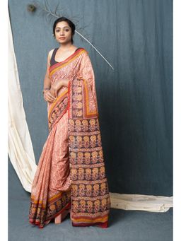 Unnati Silks - Red Pure Traditional Bagru Printed Kota Saree with Unstitched Blouse