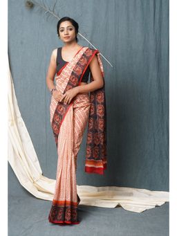Unnati Silks - Red Pure Traditional Bagru Printed Kota Saree with Unstitched Blouse