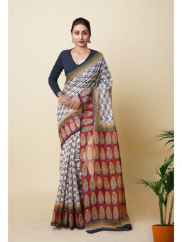 Unnati Silks - Cream Pure Traditional Bagru Printed Kota Saree with Unstitched Blouse