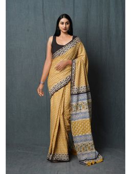 Unnati Silks - Mustard Pure Bargu Printed Superfine Mulmul Cotton Saree with Unstitched Blouse