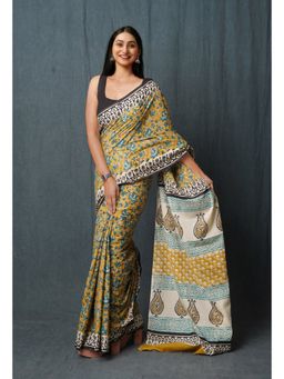 Unnati Silks - Mustard Pure Kalamkari Printed Superfine Mulmul Cotton Saree with Unstitched Blouse