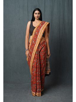 Unnati Silks - Red Pure Kalamkari Printed Superfine Mulmul Cotton Saree with Unstitched Blouse