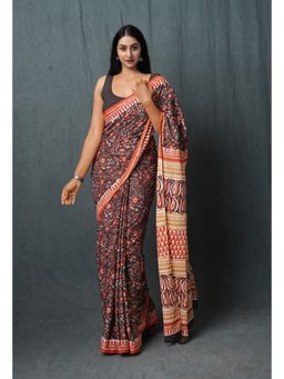 Unnati Silks - Black Pure Kalamkari Printed Superfine Mulmul Cotton Saree with Unstitched Blouse